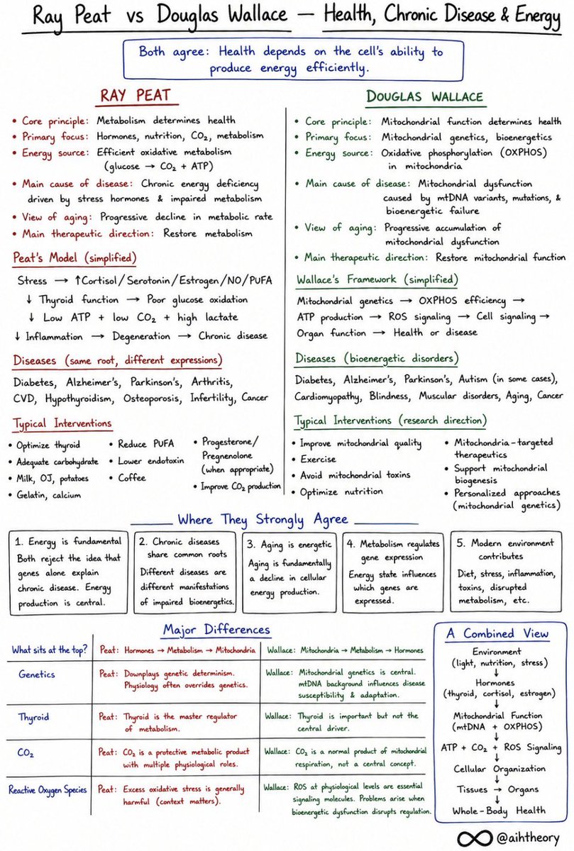 aihtheory's tweet photo. Ray Peat emphasizes metabolism and hormones. 
Douglas Wallace emphasizes mitochondria and bioenergetics. 

This one-page comparison shows where they agree, where they differ, and why both remain influential today.
#AIHTheory #RayPeat #DouglasWallace #Mitochondria #Bioenergetics #Metabolism #Health #Aging