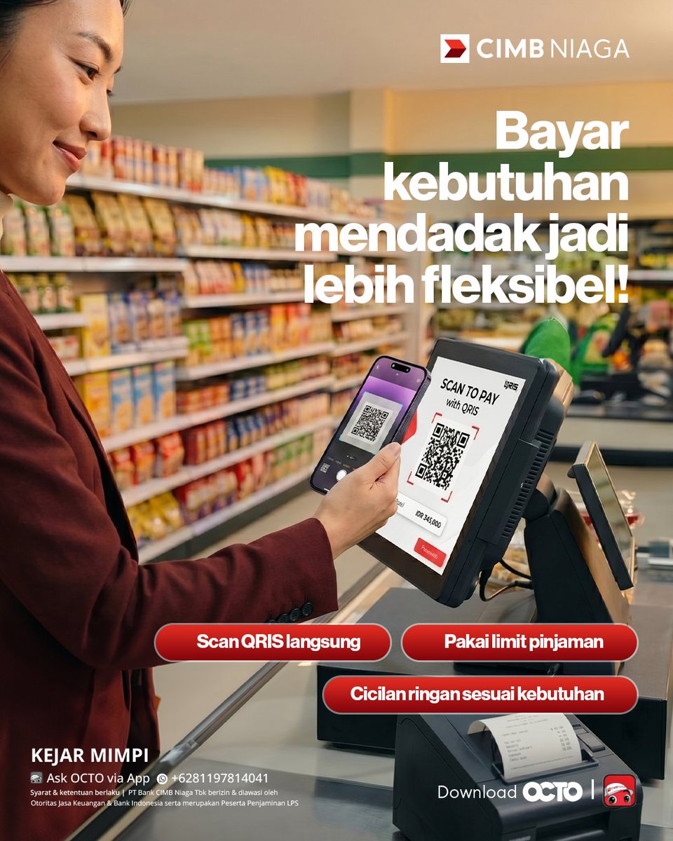 CIMBNiaga's tweet photo. Kebutuhan mendadak datang tanpa aba-aba? Tenang, gak perlu ganggu cashflow kamu. Sekarang transaksi QRIS bisa pakai limit OCTO Loan! Praktis, cepat, dan tetap terkontrol.

Bagaimana kondisi cashflowmu saat ini? Share tips jaga cashflow favoritemu yuk! https://t.co/fniU83YZpL