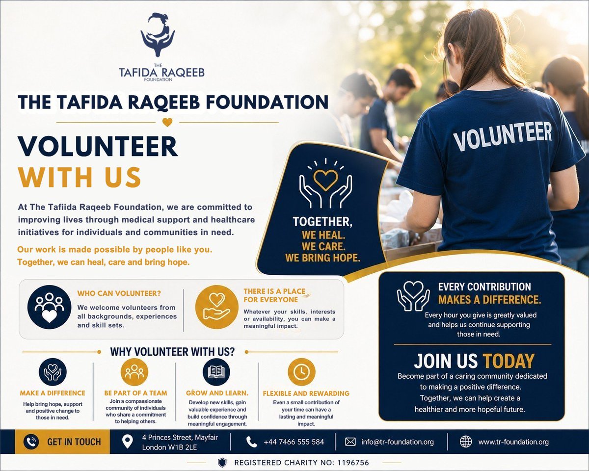 TafidaRaqeebFdn's tweet photo. 💙 Your time. Your skills. Your experience.
✨ Your impact.

📧  info@tr-foundation.org
🌐  https://t.co/3TfCpNmuXM

💙 Together, we can heal, care and bring hope.

#TheTafidaRaqeebFoundation #TRF #VolunteerWithTRF #TogetherWeCan #CharityVolunteer #HealthcareCharity #BringHope https://t.co/DuBhivh1rd