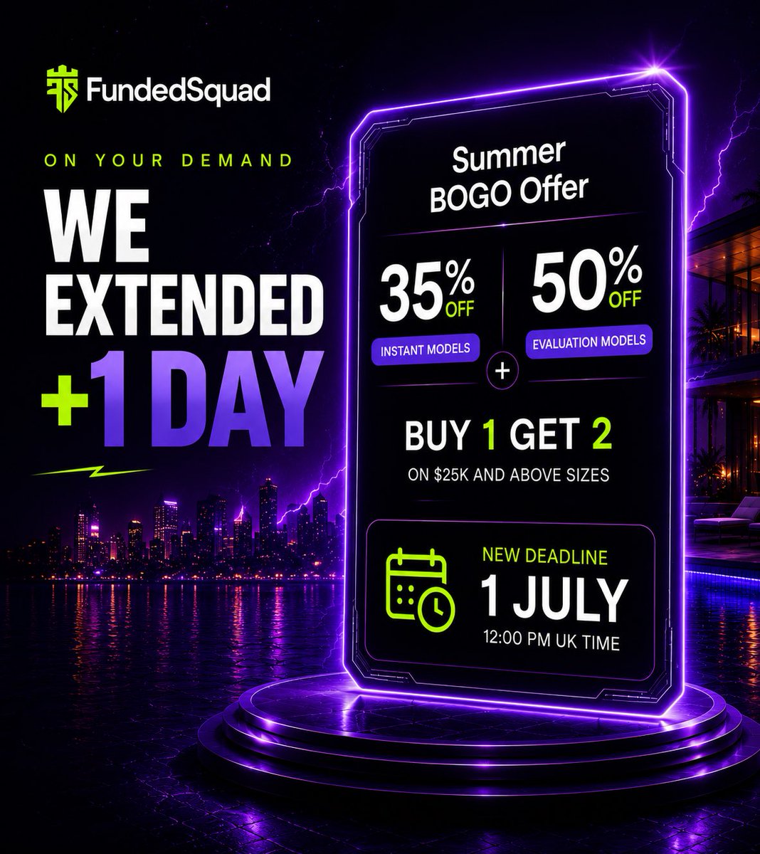 fundedsquad's tweet photo. You asked. We listened. One last time. 🌴

After receiving hundreds of requests from traders who missed the deadline, we’ve decided to extend the Summer BOGO Offer for ONE FINAL DAY ONLY.

This is the last extension.

🔥 35% OFF Instant Models
🔥 50% OFF Evaluation Models
🔥 Buy 1 Get 2 FREE on $25K+ account sizes

Join 30,000+ traders across 130+ countries who have trusted FundedSquad.

Over $2M+ in performance rewards have already been distributed.

Use code B1G2 at checkout.

⏳ When this expires, it’s gone. No further extensions.

The next opportunity could be months away.