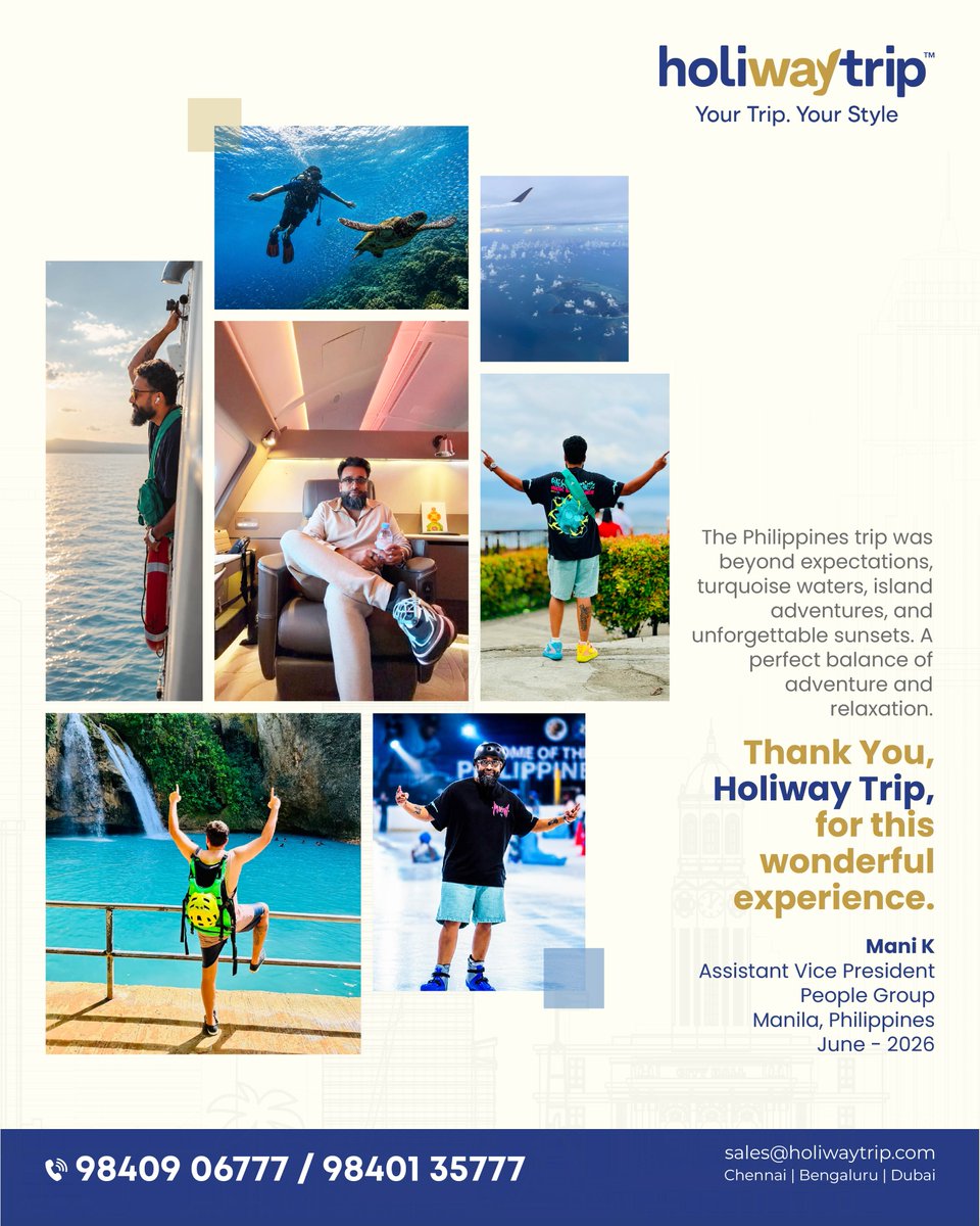 holiwaytrip's tweet photo. A wonderful Philippines experience shared by our valued traveller💙✈️
We sincerely thank you for choosing Holiway Trip as your travel partner🌴✨

#IslandHopping #PhilippinesTravel #TropicalParadise #BeautifulPhilippines #YourTripYourStyle #HoliwayTrip https://t.co/d4ee4UhVYs