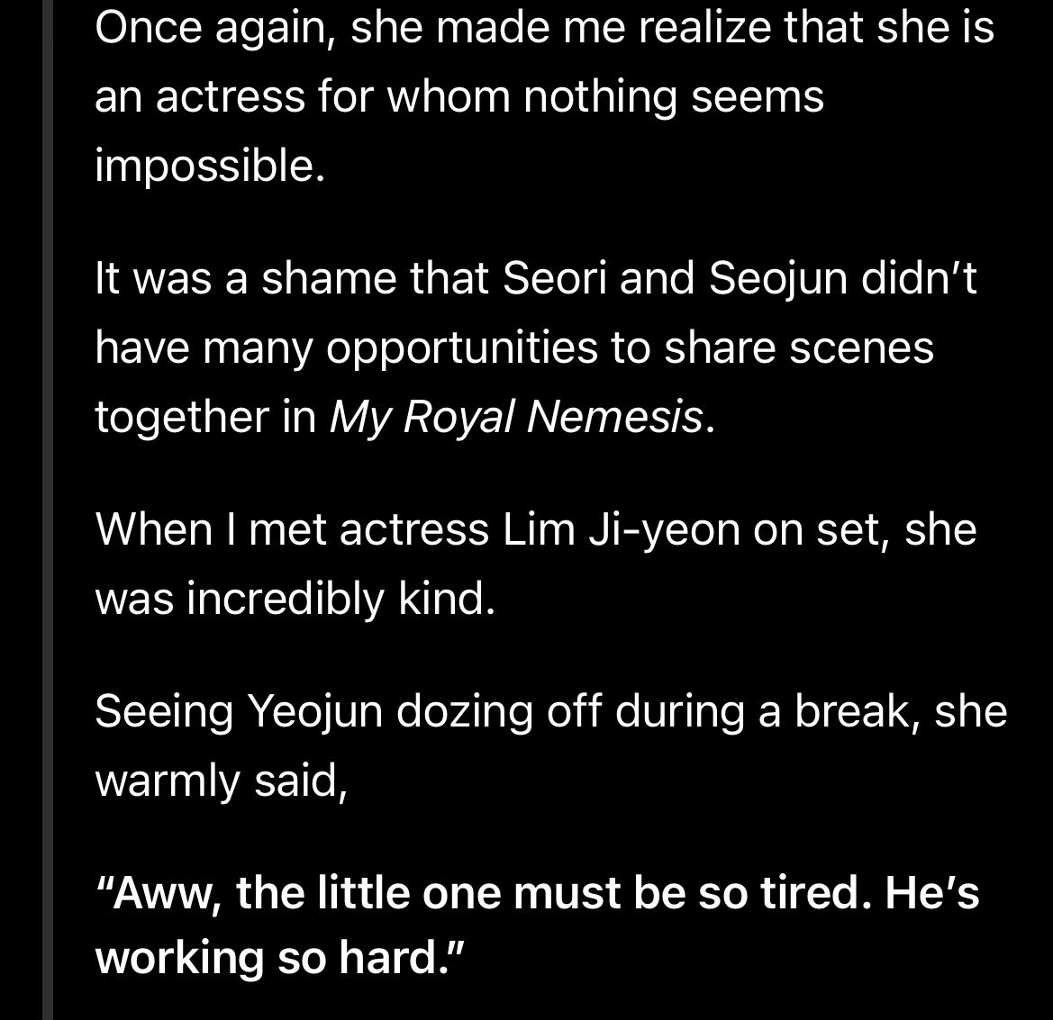 4ippuni's tweet photo. Seojun omma shared warm story about Jiyeon awww #myroyalnemesis 

When I met actress Lim Jiyeon on set, she was incredibly kind.

Seeing Yeojun dozing off during a break, she warmly said,

“Aww, the little one must be so tired. He’s working so hard.” https://t.co/GaGIR45Vky