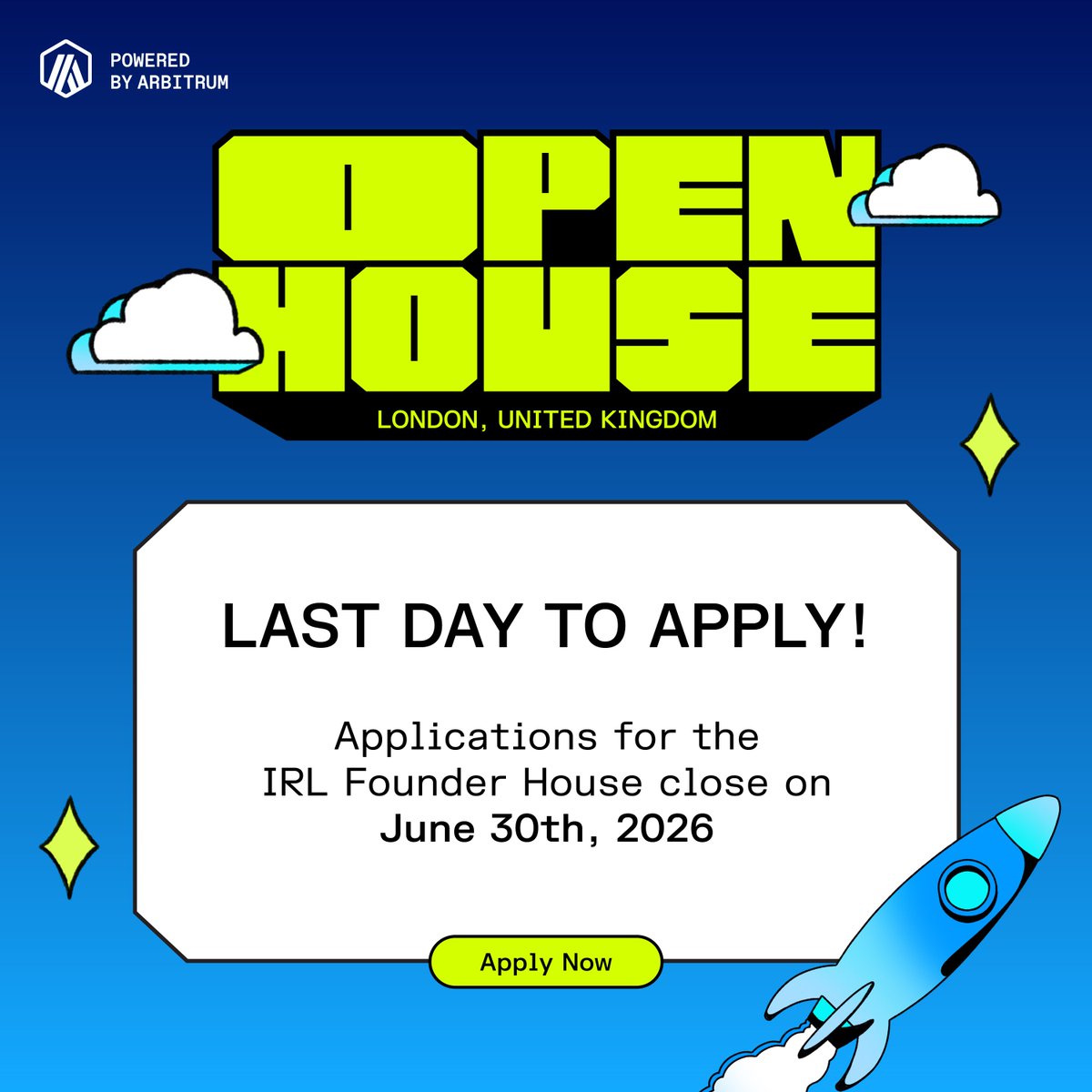 arbitrum's tweet photo. Today is the last day to apply to our in-person Founder House in London.

Starting July 10, selected teams will join a 3-day founder program to:

- Receive hands-on technical, product, and go-to-market support
- Demo their products + compete for $300K in prizes & grants
- Bring products onchain via Arbitrum One and @RobinhoodApp Chain

If you're building a product or prototype and want to take it onchain, apply below.

https://t.co/j1AESiZG3J