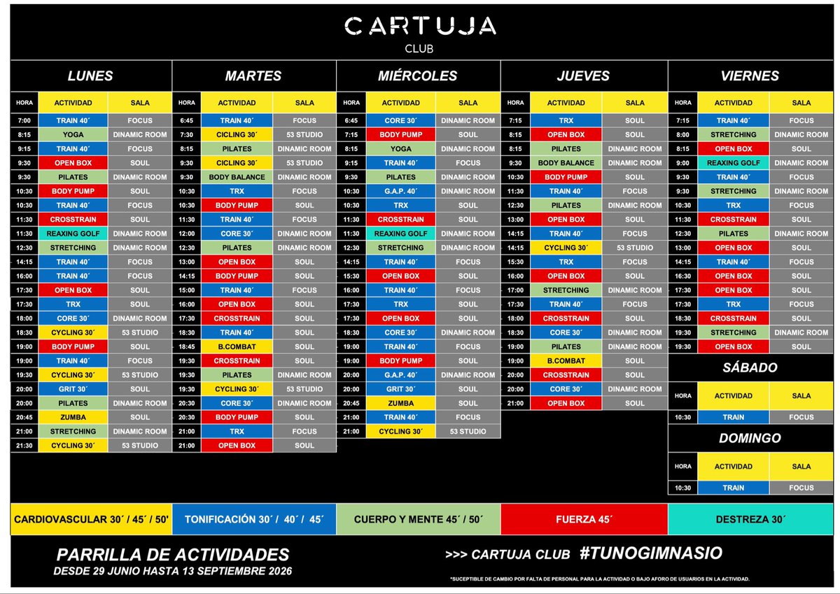 iiddCartuja's tweet photo. 😎A partir del 1 de julio y hasta el 13 de septiembre estas serán las actividades dirigidas y el horario de verano en #CartujaClub
💪🏻 Encuentra tu mejor versión en el NO GIMNASIO de Sevilla https://t.co/kROIFnB9bC