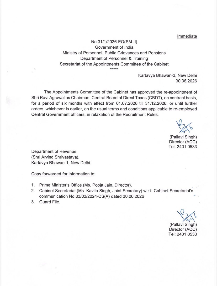 MonitorBharat's tweet photo. BREAKING: The Appointments Committee of the Cabinet has re-employed Shri Ravi Agrawal on contract as Chairman of the Central Board of Direct Taxes for a period of six months from 01.07.2026 to 31.12.2026. https://t.co/0G84EPXVC9