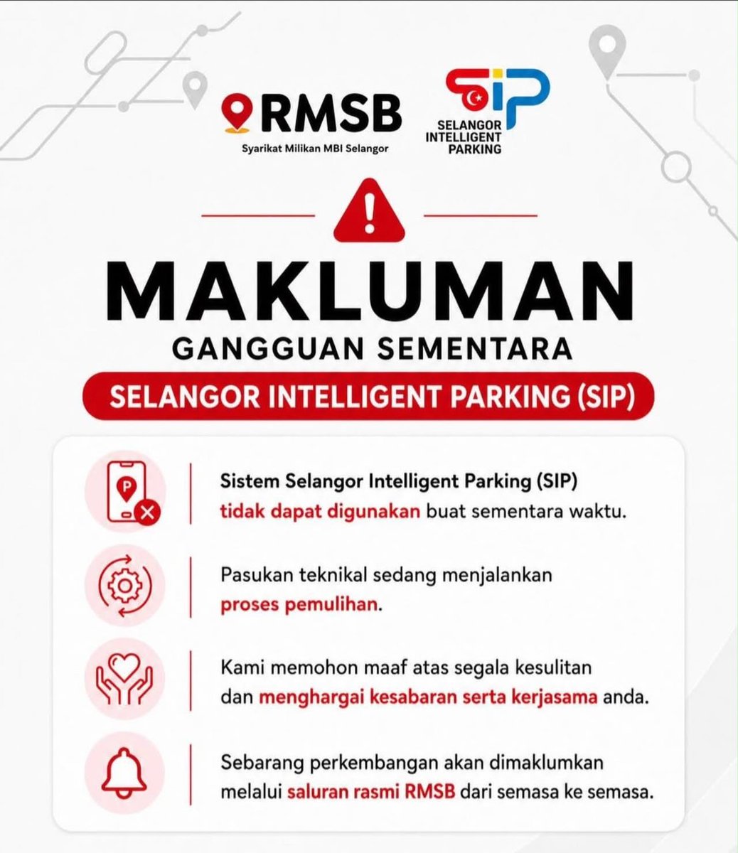 NewsBFM's tweet photo. Parking payment services in Selangor and several areas outside the state have been temporarily disrupted following issues affecting the Selangor Intelligent Parking system.

Operations were suspended to allow recovery works and ensure system security and user data integrity, said Rantaian Mesra.

🧵1