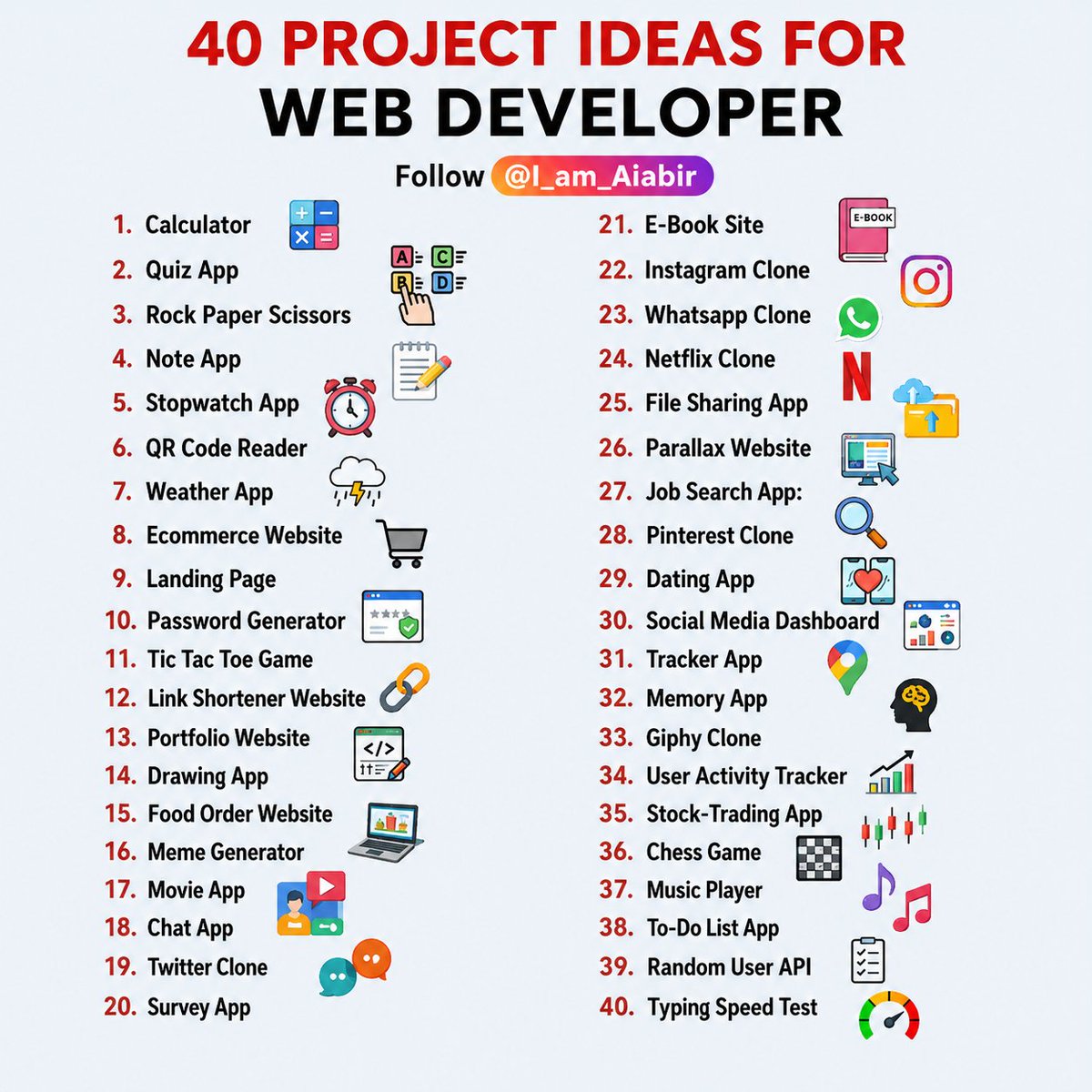I_am_Aiabir's tweet photo. Web Development Projects for Beginners to boost their resume!

1. Portfolio Website
https://t.co/pIt1gR3S1E…
2. Landing Page
https://t.co/j5dxRgYYKa…
3. Cinema Website
https://t.co/vMuUxmEIlV…
4. Quiz Web App
https://t.co/9zw1en6nrV…
Follow @I_am_Aiabir https://t.co/nnwCwOFZgx