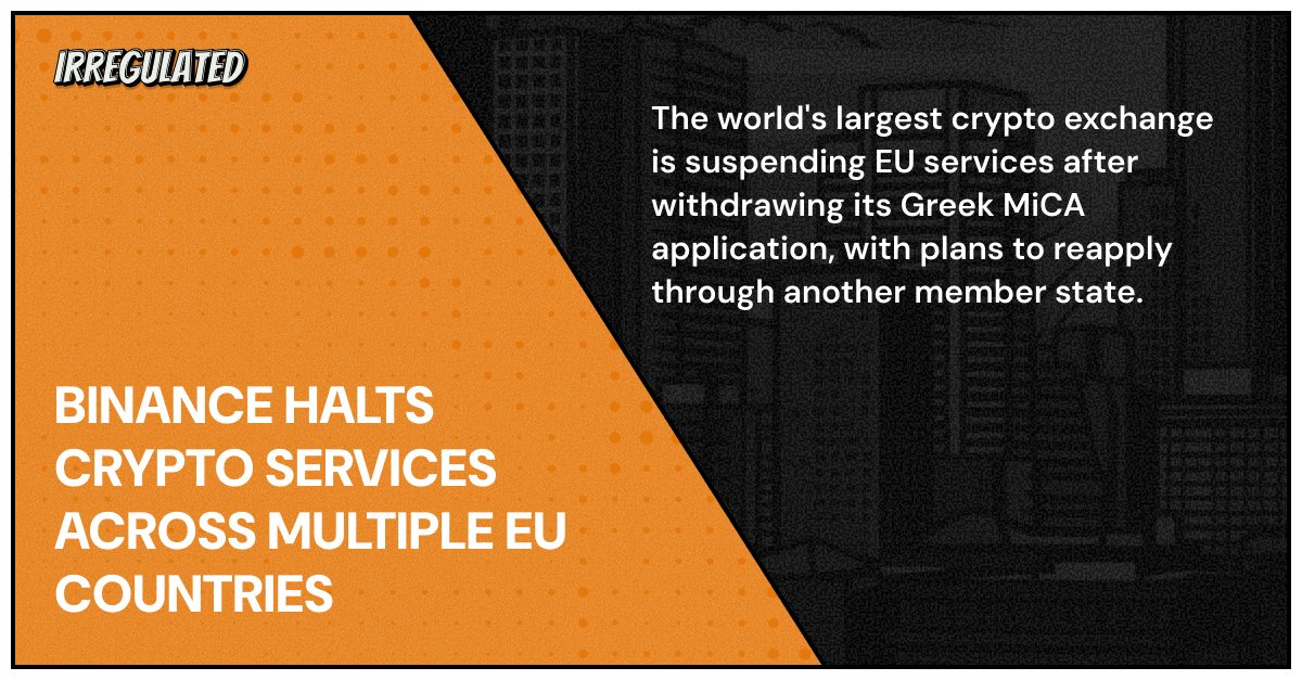 irregulatedHQ's tweet photo. The UK finalized its crypto rulebook. The EU's framework just claimed its biggest casualty. 🏛️

🇬🇧 The UK published its final crypto regulatory framework.

The UK's Financial Conduct Authority just published its landmark crypto regulatory framework, completing its roadmap with mandatory licensing, capital stress-testing, and improved market manipulation rules for crypto firms. The licensing window opens September 2026 through February 28, 2027, before the regime goes live October 25, 2027, requiring trading platforms, custodians, stablecoin issuers, and staking companies to obtain FCA authorization.

🇪🇺 Binance is halting crypto services across multiple EU countries.

Binance will suspend crypto services in multiple EU countries after withdrawing its Greek MiCA license application, telling French clients its entity "is no longer in a position to accept new clients" from July 1. The exchange confirmed "similar communications have been sent to affected users in other EU markets," though it intends to reapply through another member state and says client funds "remain safe and secure." The world's largest crypto exchange by volume just got locked out of the bloc it spent years trying to enter.

🔗 UK crypto framework via FCA: https://t.co/qxJIg70CeR 
🔗 Binance EU suspension via @Cointelegraph: https://t.co/XB9ZY5Wb5j

⚖️ Stay Irregulated - one email, once a week, bringing order to the chaos of crypto regulation: https://t.co/ugTpFFTD79