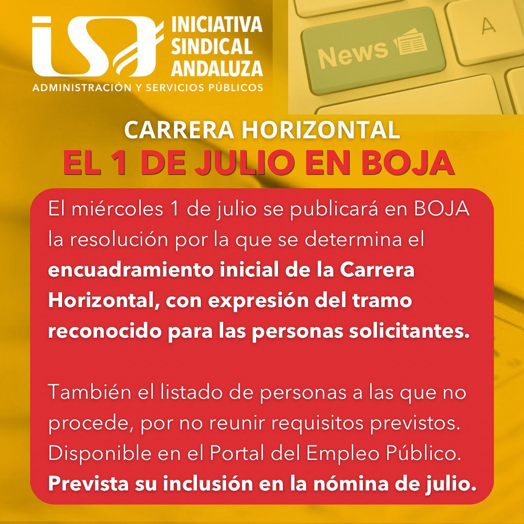 ISAndaluza1's tweet photo. 📣 Miércoles, 1 de julio, se publicará en #BOJA la resolución por la que se determina el encuadramiento inicial de la Carrera Horizontal, con expresión del tramo reconocido para las personas solicitantes.
✅También el listado de personas a las cuales no procede el encuadramiento https://t.co/Ew2lTSmCLR