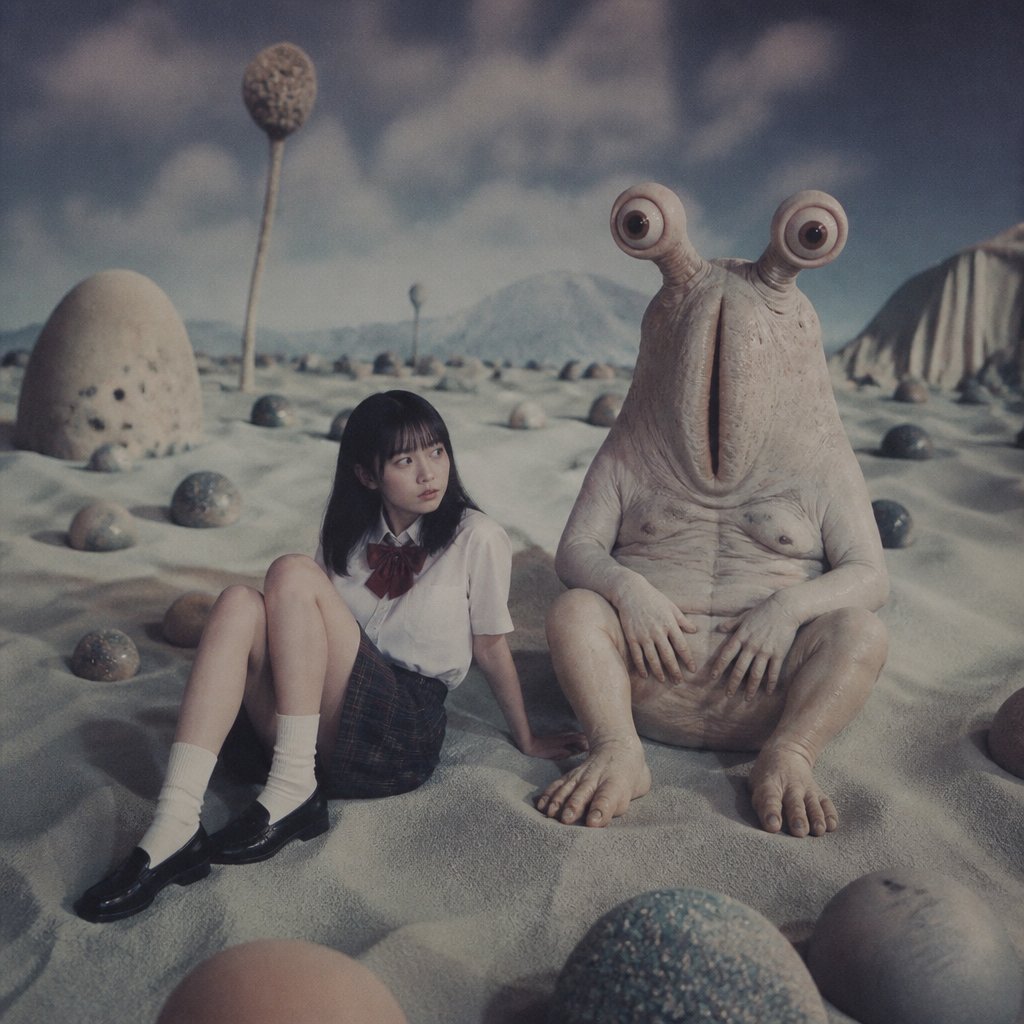 Schoolgirl and Eyestalk Alien in Sand Wasteland