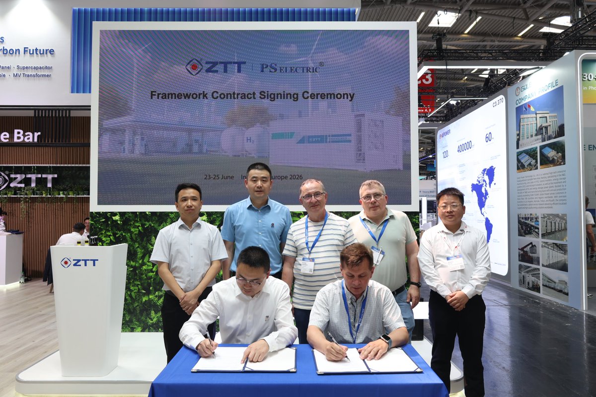 ZTTGroup's tweet photo. A key milestone at #IntersolarEurope: ZTT signed a Framework Procurement Agreement with PS ELECTRIC of Bulgaria, strengthening our long-term partnership and expanding our presence in Bulgaria and the broader Balkan region. #ZTT #ZHONGTIANTECHNOLOGY https://t.co/nr72gSZQvA