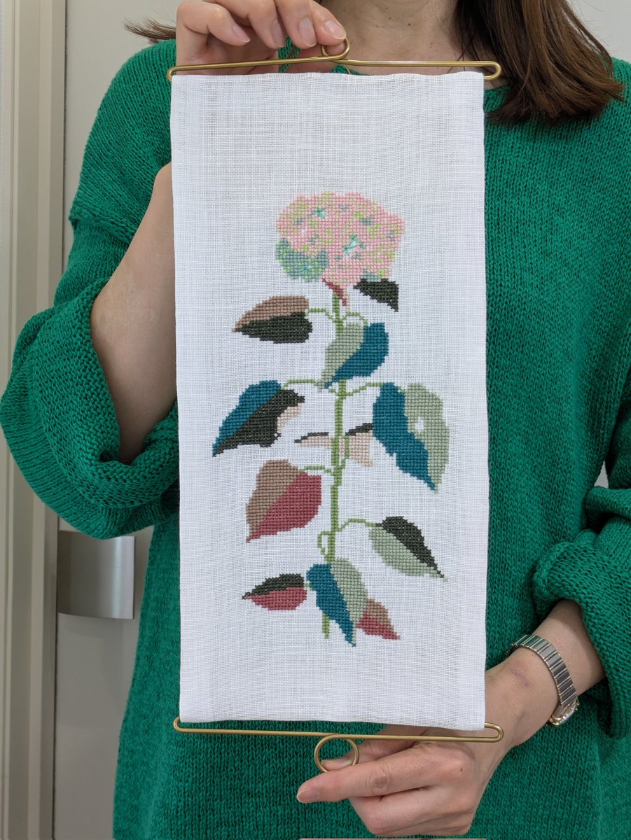 tu_rebit's tweet photo. 西洋アジサイ、アナベルの刺繍。
土曜日のクラスの方の作品です。見本はブルー系だったものを、ピンクと茶の入った温かな色合いにチェンジ。葉の色だけで７色あるのを一つの画面にまとめるのは大変ながら、迷いつつ、楽しみつつ、ご本人らしいアジサイに仕上がりました。
#クロスステッチ
#刺繍教室 https://t.co/Papu0cPoG5
