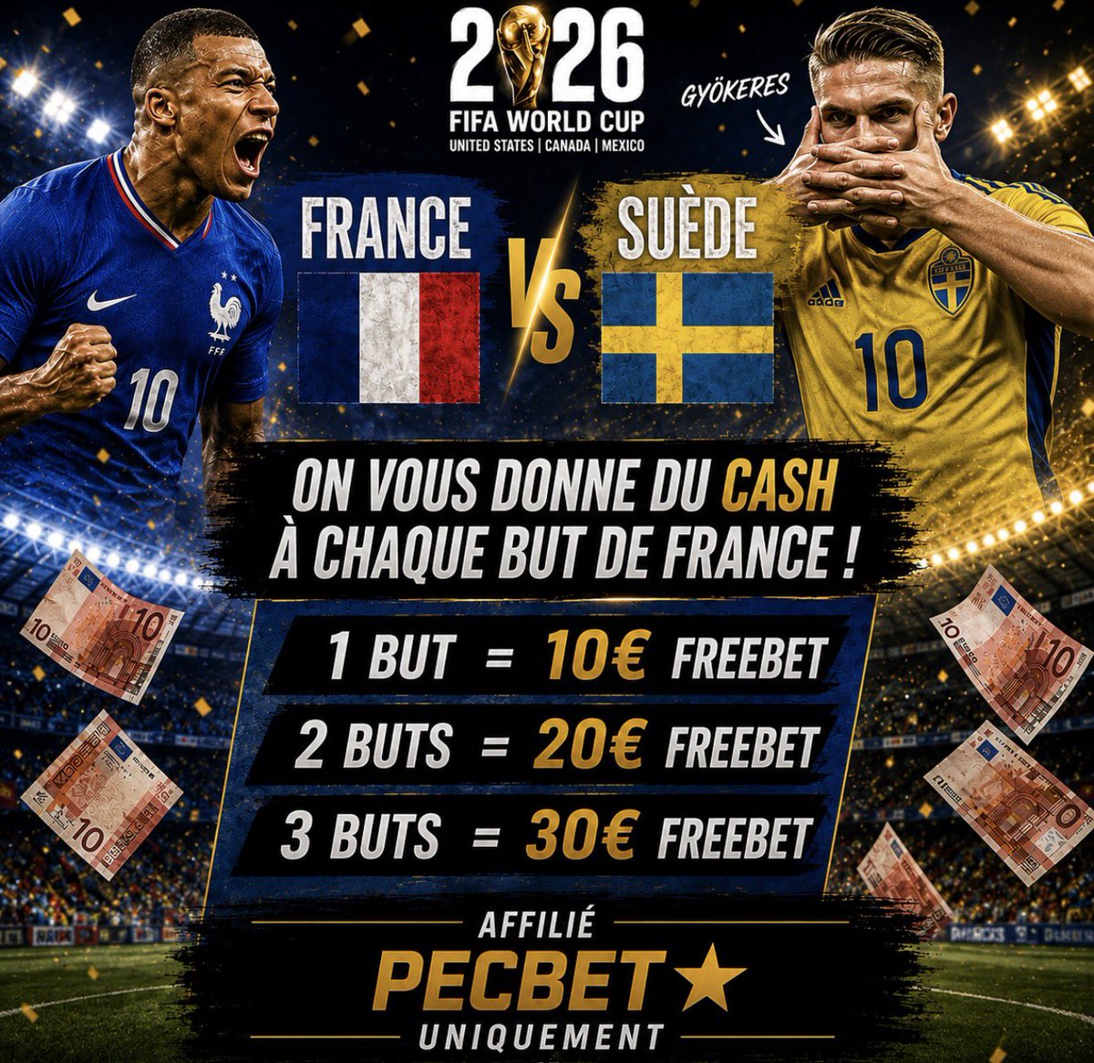 ElprofessorBET's tweet photo. 🇫🇷🔥 FRANCE 🇫🇷 vs 🇸🇪Suède 🔥

Avec PECBET, on vous offre des FREEBETS à chaque but des Bleus 🇫🇷! 💸

⚽ 1 but de la France = 10€ FREEBET💰
⚽⚽ 2 buts = 20€ FREEBET💰
⚽⚽⚽ 3 buts = 30€ FREEBET💰

Pour participer : 
🔄RT + LIKES ❤️ ce tweet 
✅ Offre réservée uniquement mes affiliés
✅ Aucun dépôt requis

🚀 Pas encore inscrit ?
🔗 https://t.co/mfsddFDUnN

Pendant que tout le monde regarde le match, mes affiliés peuvent être récompensés à chaque but 🇫🇷💰

#FranceSenegal #CoupeDuMonde2026 #WorldCup2026 #Pecbet #Freebet #Parionssport #Gambling𝕏 #TeamParieur