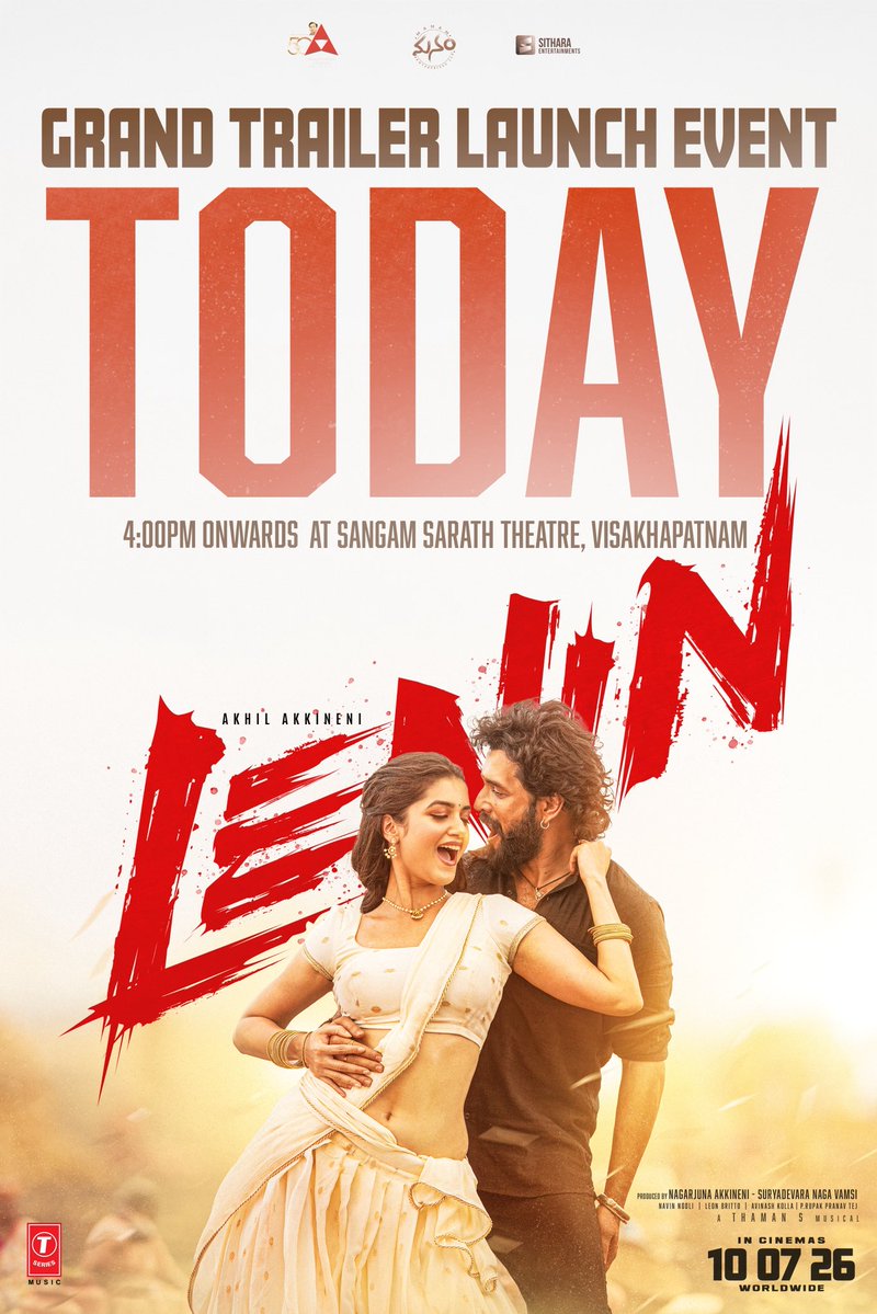 SitharaEnts's tweet photo. Let the celebrations begin 🎉

#Lenin Grand Trailer Launch Event Today 🔥🔥🔥

📍 Sangam Sarat theatre, Vizag
🕓 Today | 4 PM onwards ❤️‍🔥

#LeninTrailer #LeninOnJuly10th  

@AkhilAkkineni8 #BhagyashriBorse @iamnagarjuna @vamsi84 @musicthaman @KishoreAbburu @NavinNooli @artkolla @leonbrittodp @pramodactor1 @AnnapurnaStdios #ManamEnterprisesLLP @SitharaEnts @tseriessouth