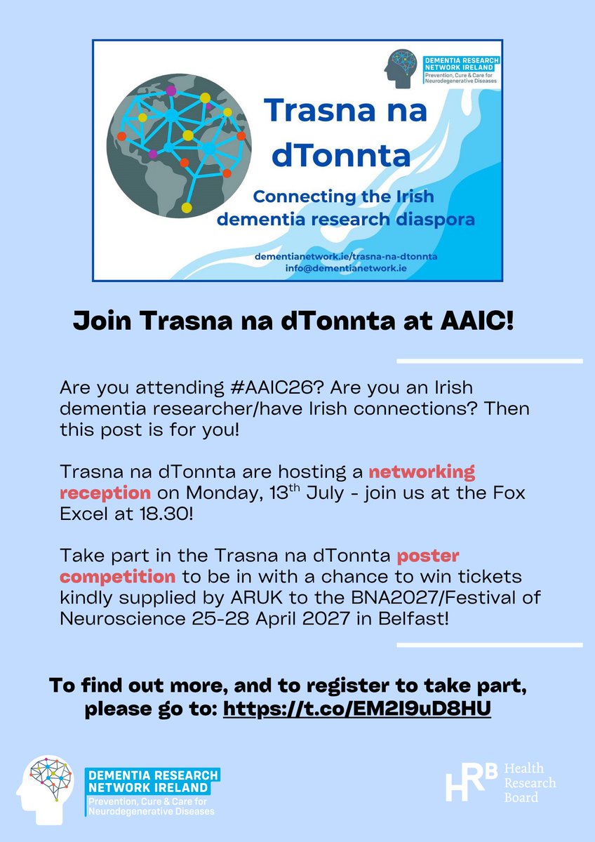 drnire's tweet photo. Join Trasna na dTonnta at #AAIC26! 

🤝Attend our networking event at 18.30 on 13 July, supported by DRNI &amp; @aerskatx at the Fox Excel!

📊 Take part in our poster competition! Courtesy of @AlzResearchUK you could win tickets to BNA2027!

Info &amp; register: https://t.co/EM2I9uD8HU https://t.co/wQb0s9VKQe