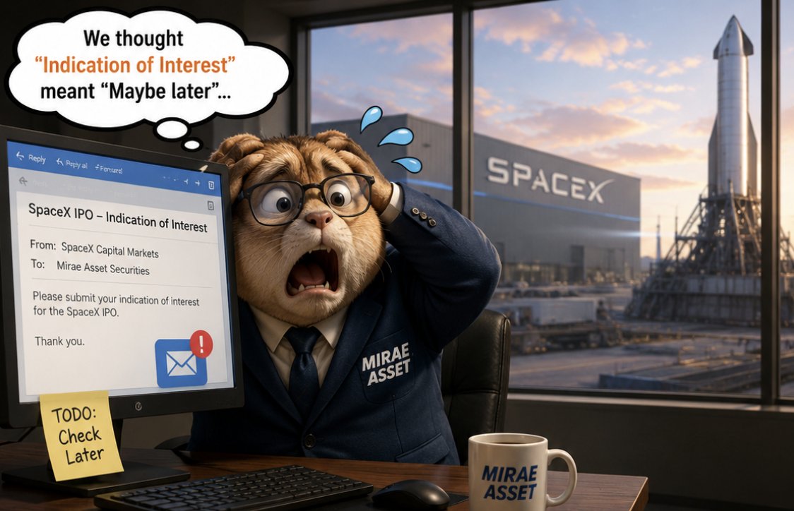 CoinPostMedia's tweet photo. One email mistake cost Korean investors access to the biggest IPO in history 😁

South Korea's largest broker, Mirae Asset, reportedly failed to submit $1.1B of SpaceX IPO orders after confusing an indication of interest with a binding order.

Result?

Out of 23 underwriters, Mirae became the only one to receive zero SpaceX shares.