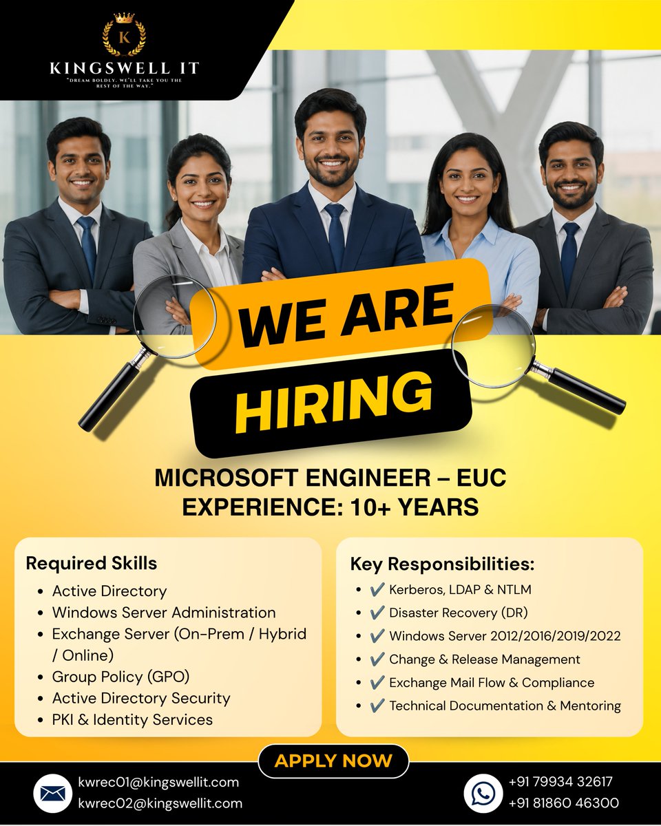 kingswellit's tweet photo. We're Hiring – Microsoft Engineer (EUC)
Kingswell IT is looking for an experienced Microsoft Engineer – EUC with 10+ years of experience to join our enterprise infrastructure team.
#Hiring #MicrosoftEngineer #EUC #ActiveDirectory #WindowsServer #KingswellIT #ApplyNow https://t.co/BPZ4dd4jJV