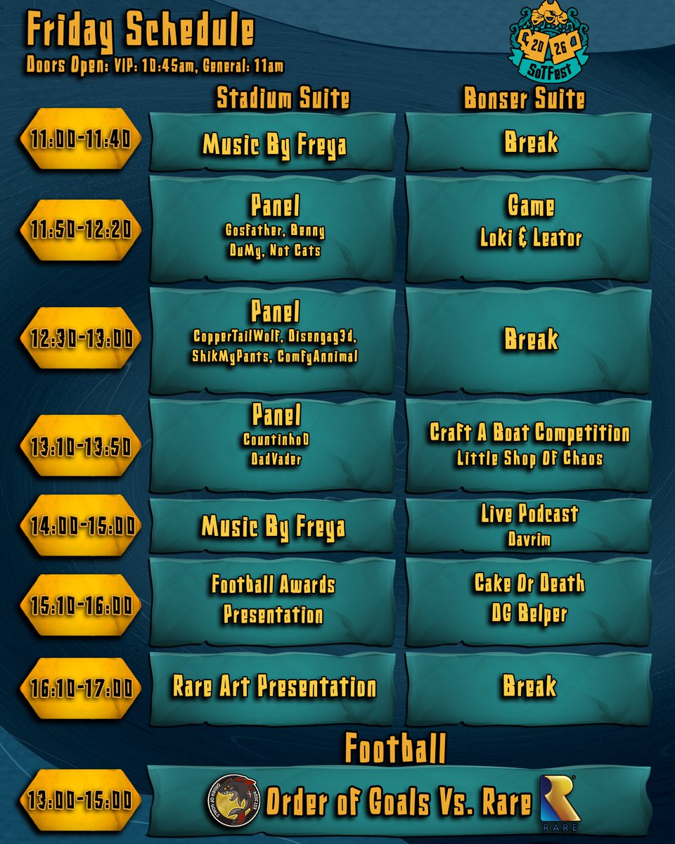 SoTFest's tweet photo. The wait is over! #SoTFestV Schedule is here!
If you're looking for things to do, there's plenty of events to sign-up for with prizes to be won.
Cosplay Competition - https://t.co/SzrUKzLOCB
Cake or Death - https://t.co/favGv9lFr7
SoTRPG - Join the Discord https://t.co/ITO1SczfkZ https://t.co/SrXPF6rsFb