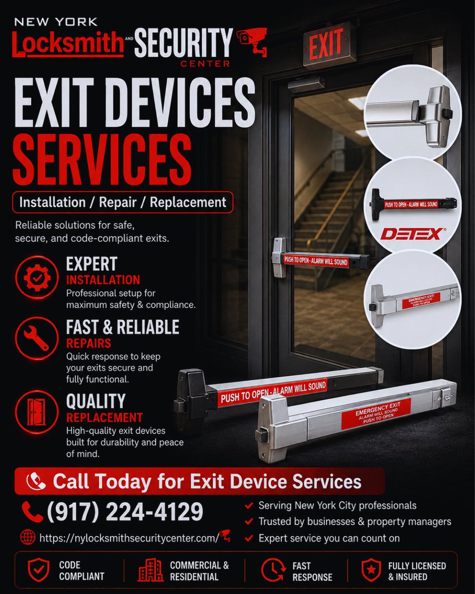 lockSecCenterNY's tweet photo. Door Exit Device Services in NYC

N Y Locksmith and Security Center installs and repairs exit devices for commercial doors across NYC. Learn more: https://t.co/WhvjismYC3

#exitdevices #panicbars #commerciallocksmith #nyclocksmith #doorsecurity https://t.co/844vBQsWTh