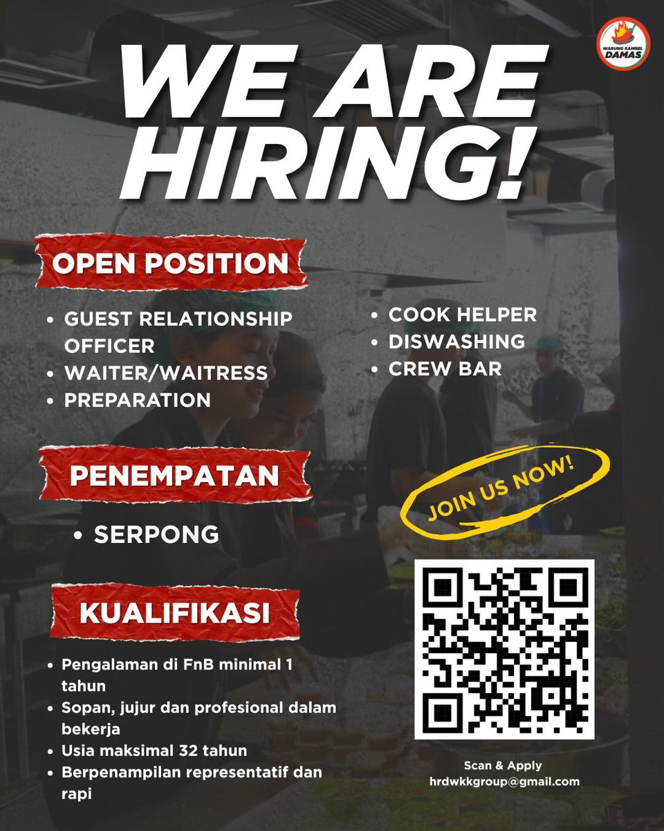 svnndry's tweet photo. *📢 WE ARE HIRING! 📢*

Jika kamu memiliki pengalaman di bidang F&amp;B dan siap berkembang bersama kami, segera kirim lamaranmu!

Yuk, jadi bagian dari tim *Warung Sambel Damas*! 🔥 #LowonganKerja #LokerSerpong #Hiring #FNB #LokerTangerang https://t.co/OPPLfwvJof