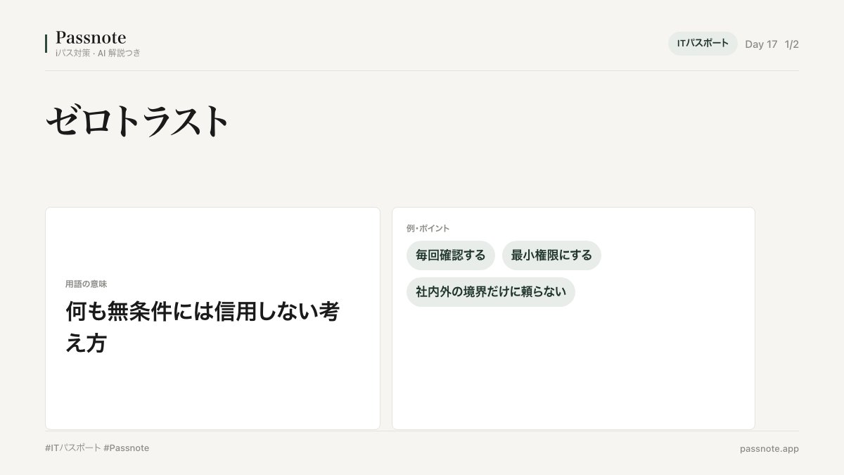 harisolobuilder's tweet photo. ゼロトラストは、「社内だから安全」と考えないセキュリティの考え方です。 #ITパスポート #Passnote https://t.co/YlZFa4ELEq