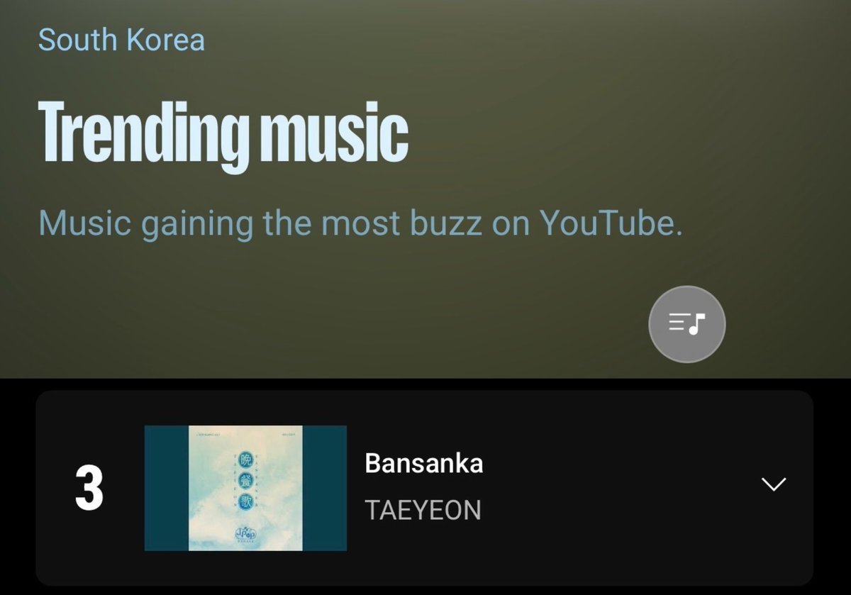 309KTYSS's tweet photo. Taeyeon’s Bansanka (만찬가) is trending #3 on Youtube music in South Korea 💙

🎧 https://t.co/ysjp2rYiaV

#태연 #만찬가 @TAEYEONsmtown
#JPOP_REMAKE_Vol1 #晩餐歌 #Bansanka https://t.co/jN4sTTqQvl