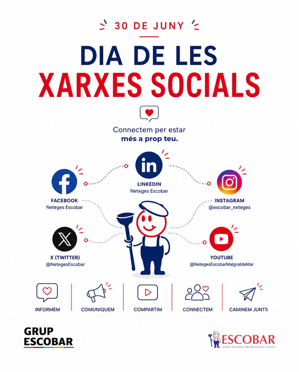 NetegesEscobar's tweet photo. 📆 Dia Mundial de les Xarxes Socials

El 30 de juny es dedica a les xarxes. Així que avui t'hem de fer la pregunta clau: ja ens segueixes a tot arreu?  🤔

Instagram https://t.co/XIQpVMH6Cx
Linkedin https://t.co/UcjjgTYMdr
FB https://t.co/4RblhVUKCH

#grupescobar #24hores https://t.co/EcUjLdk1WC