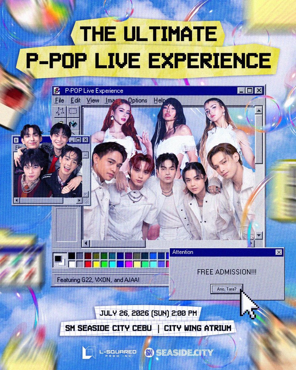 LSquaredProdPH's tweet photo. 🚨 𝐂𝐄𝐁𝐔, 𝐀𝐍𝐃𝐀𝐌 𝐍𝐀 𝐁𝐀 𝐌𝐎 𝐅𝐎𝐑 𝐓𝐇𝐄 𝐔𝐋𝐓𝐈𝐌𝐀𝐓𝐄 𝐏-𝐏𝐎𝐏 𝐋𝐈𝐕𝐄 𝐄𝐗𝐏𝐄𝐑𝐈𝐄𝐍𝐂𝐄? ✨

Don't miss your chance to see G22, VXON, and AJAA LIVE at SM Seaside City Cebu before they take the stage at Gen Z Live Cebu!

Kuyog na mo sa inyong barkada, sing your hearts out, and make unforgettable memories with your fellow P-Pop fans. 

Kita-kits ta sa SM Seaside! 💙

🎉 FREE ADMISSION!
📍 City Wing Atrium, SM Seaside City Cebu
📅 July 26, 2026 | 2:00 PM

Tag your concert buddy and magkita ta didto! 🤩

#GenZLiveCebu #G22 #VXON #AJAA 
#SMSeasideCebu
#LSquaredProdPH