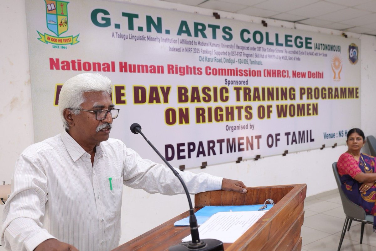 India_NHRC's tweet photo. The NHRC, India in collaboration with the G.T.N. Arts College, Dindigul, Tamil Nadu organised a training programme on ‘Women Rights’ on 29th June 2026. About 100 participants attended. #HumanRights #Training #NHRCIndia @PIB_India @EduMinOfIndia @ugc_india https://t.co/Wf8q7cL6K6