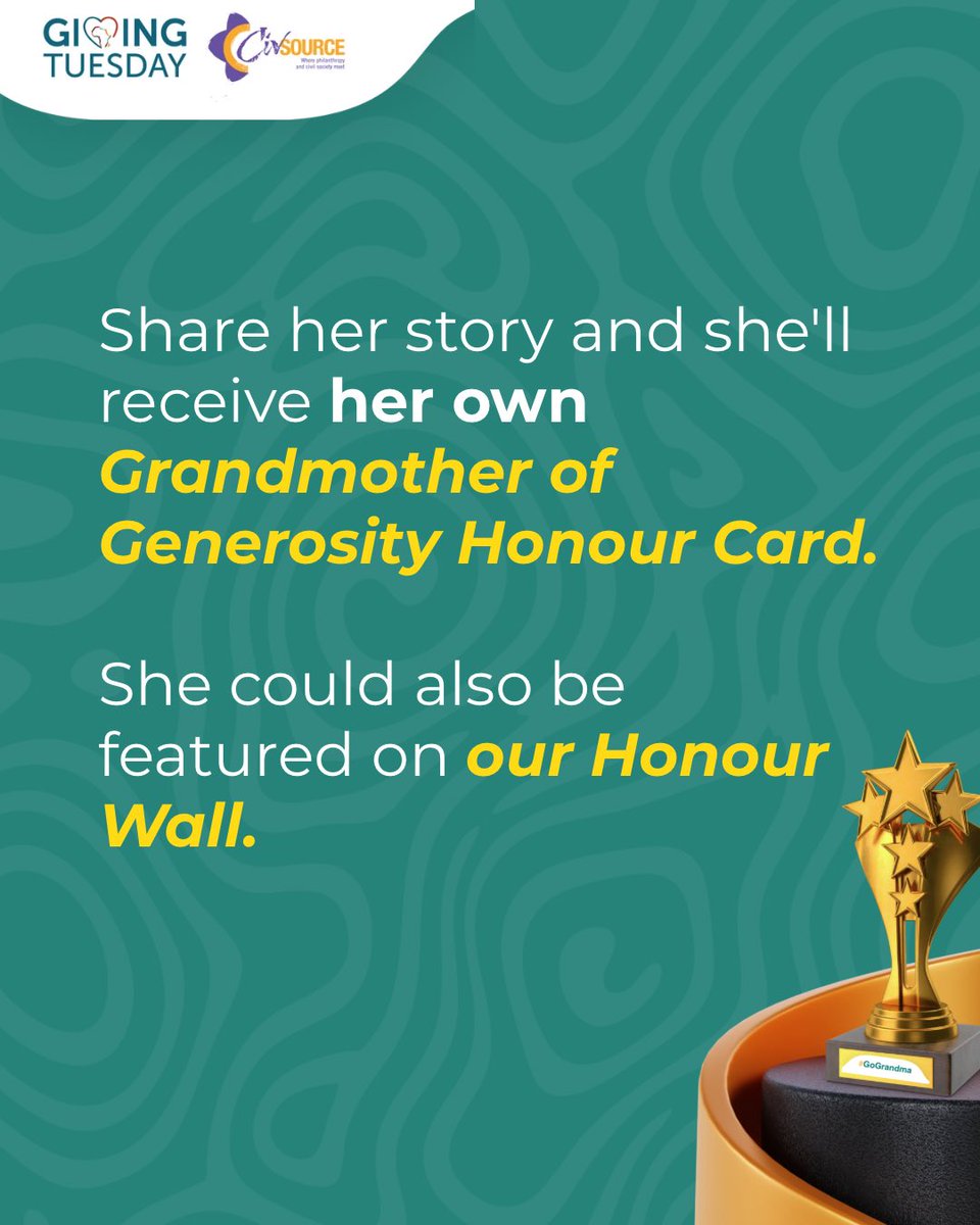 GivingTueAfrica's tweet photo. It’s #WorldSocialMediaDay! 
Let’s make our grandmothers trend.

Share her story, get a personalised Honour Card, and celebrate the legacy she’s built. 

Get started: https://t.co/0LHrsBQf7C

#GoGrandma https://t.co/L0cp0k2OYc