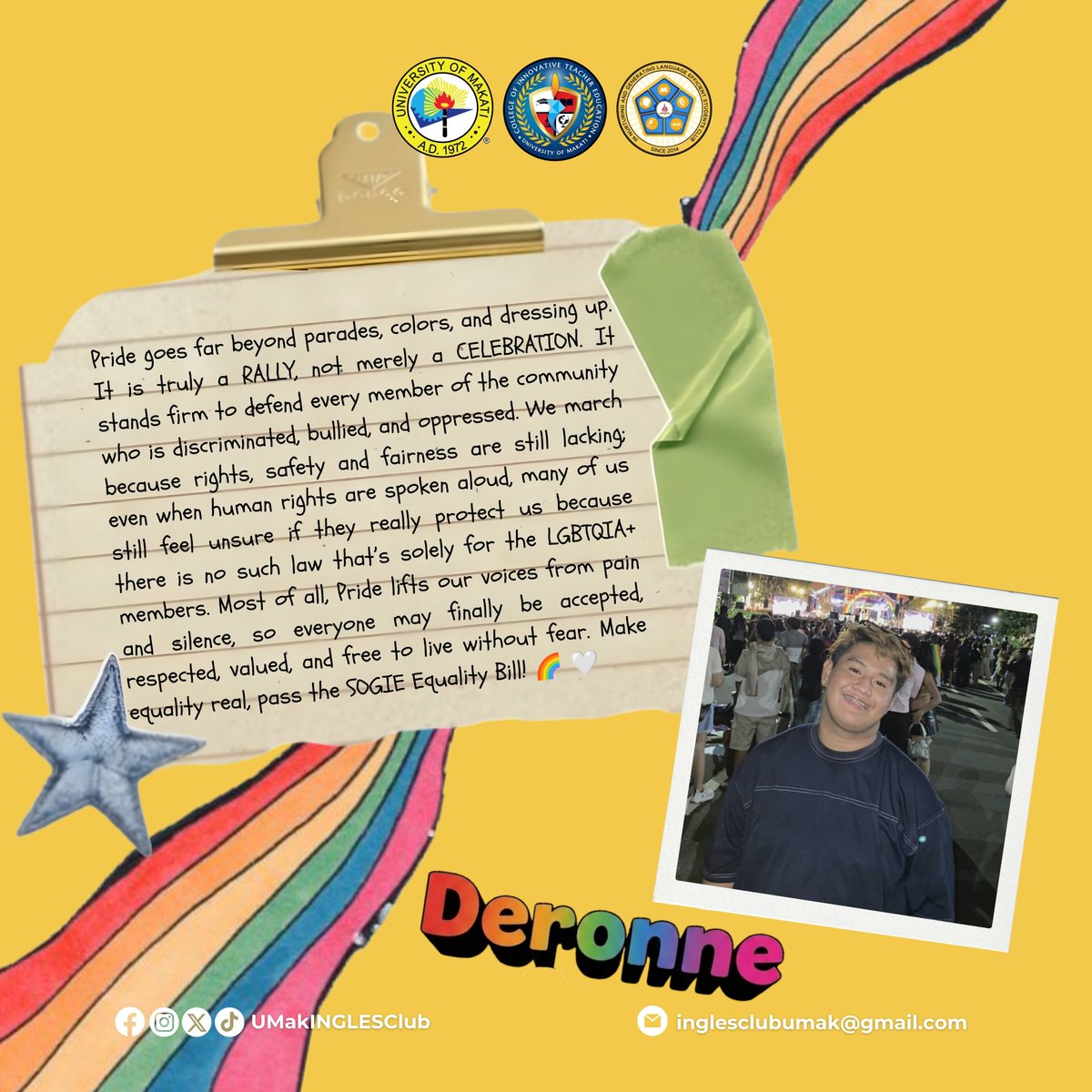 UMakINGLESClub's tweet photo. These stories from our community are unique, and every perspective adds another color to our haven. 🌧️ As we conclude this majulanis morrisette na Pride Month, we ask our very own INGLESherons:

“𝗪𝗛𝗔𝗧 𝗜𝗦 𝗣𝗥𝗜𝗗𝗘 𝗙𝗢𝗥 𝗬𝗢𝗨?”

#INGLESClub
#PrideMonth2026

3/4 https://t.co/TX7bB2wlgB