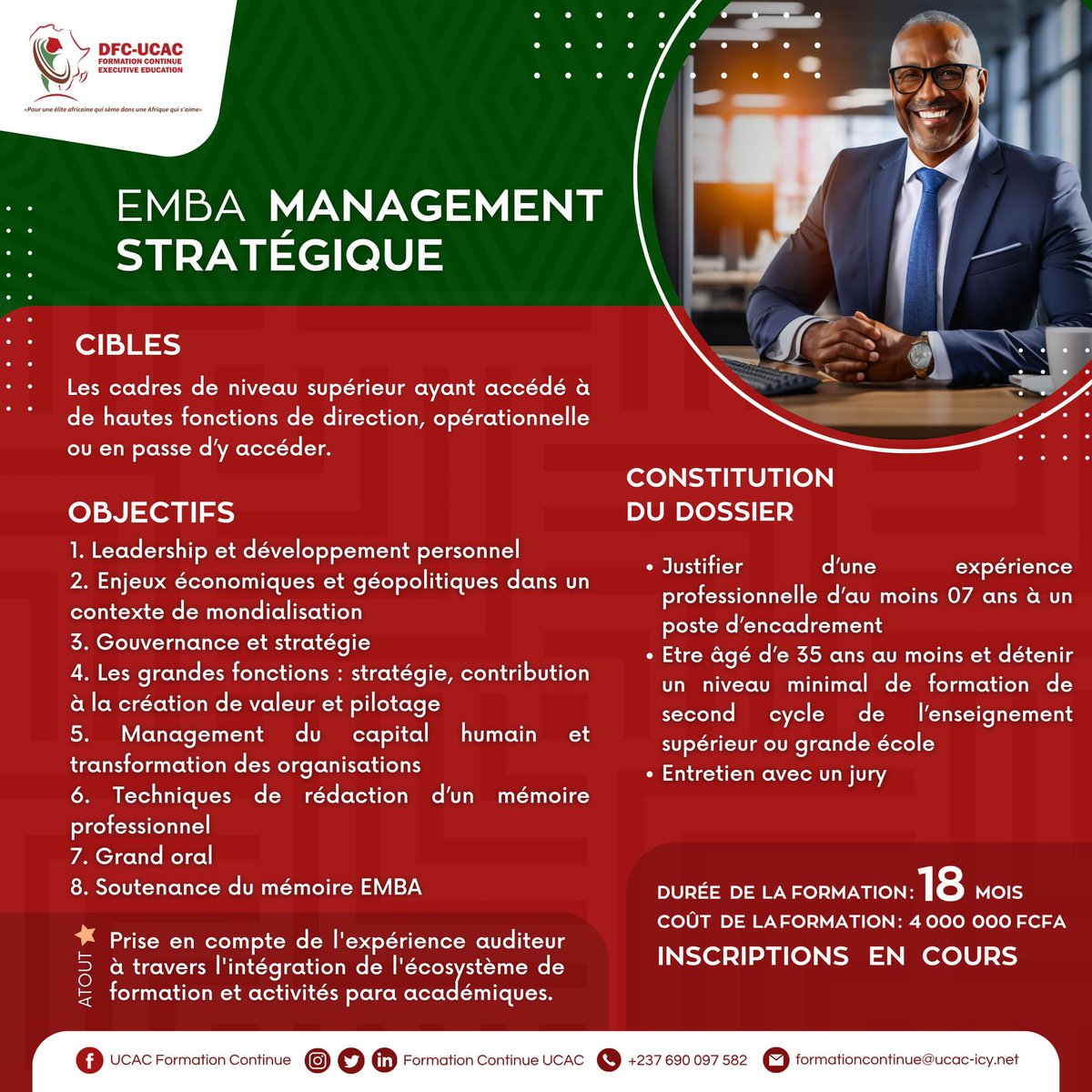 FC_UCAC's tweet photo. L’EMBA Management Stratégique de l’UCAC forme les décideurs capables de piloter la performance, l’innovation et la transformation des organisations dans un environnement mondial en constante évolution.

📍 18 mois de formation
📍 Inscriptions ouvertes

#UCAC #EMBA #Management https://t.co/ySlUfAyDpk