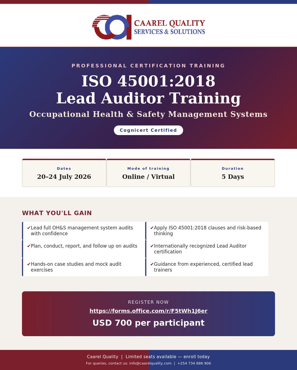 caarelquality's tweet photo. Gain the skills to plan, lead &amp; report OH&amp;S audits to global best practice.

Register: https://t.co/8TxJMVr46o

#ISO45001 #LeadAuditor #OccupationalHealthAndSafety #CaarelQuality #ProfessionalDevelopment #Cognicert https://t.co/Q9xOwt4b56