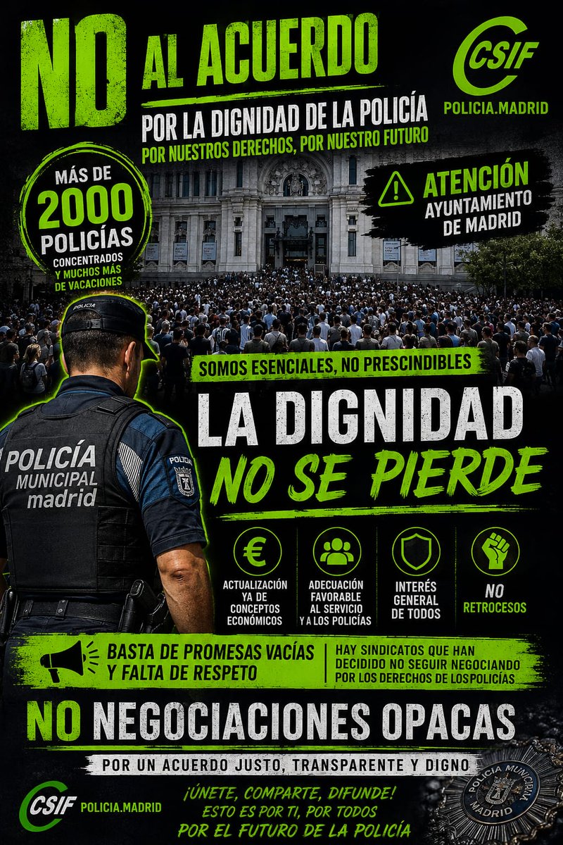 CSIF_POLICIA's tweet photo. ¡GRACIAS, COMPAÑEROS! 🛡️💙 Hoy la Plaza de Cibeles ha sido el escenario de la dignidad, la unión y la firmeza. Gracias a cada uno de los que os habéis concentrado para decir un NO rotundo al acuerdo de los retrocesos.
​Porque en una negociación, el únñ#CSIF #PoliciaMadrid l https://t.co/Yg6iVfTOny