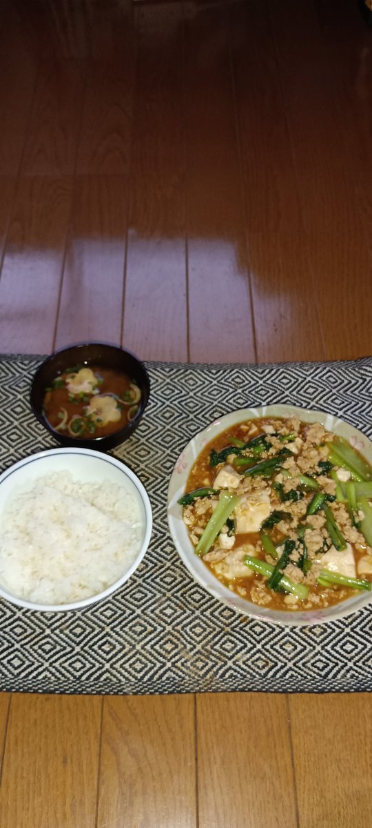 MapLaGuerre's tweet photo. 今日の晩ごはんです🍴

🥬白飯
🥬鶏ひき肉と小松菜の和風麻婆豆腐風
🥬みそ汁

＃晩ごはん
＃おうちごはん https://t.co/gPZzA25Eer