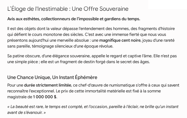 thetsardavid's tweet photo. Possédez l'impossible : l'éclat éternel d'une cent noire au sommet de son histoire.

Vous savez où me trouver. 😏 https://t.co/45e4E1UJgn