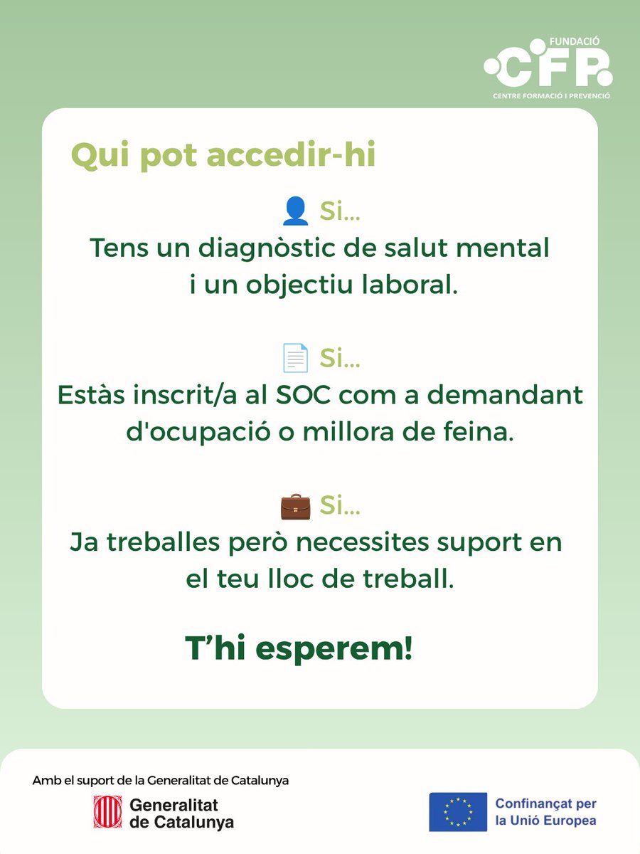 CFPMaresme's tweet photo. Treballar és  l'oportunitat de construir un projecte de vida.

Comencem una nova edició del #SIOAS per acompanyar persones amb diagnòstic de salut mental en el seu procés d'inserció laboral.

Amb el suport de la Generalitat de Catalunya i el cofinançament de la Unió Europea. https://t.co/jRVIODPYpI