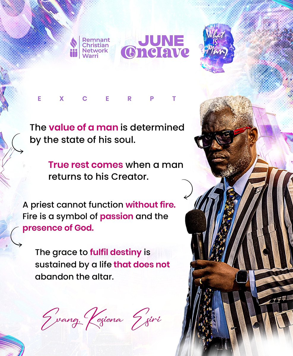 RcnWarri's tweet photo. The value of a man is determined by the state of his soul.
Be ignited by these morsels from the June conclave || Grand Finale
#JuneConclave #Morsels #WhatIsMan #RCNWarri #EvangKesienaEsiri https://t.co/o0SiYTlD65