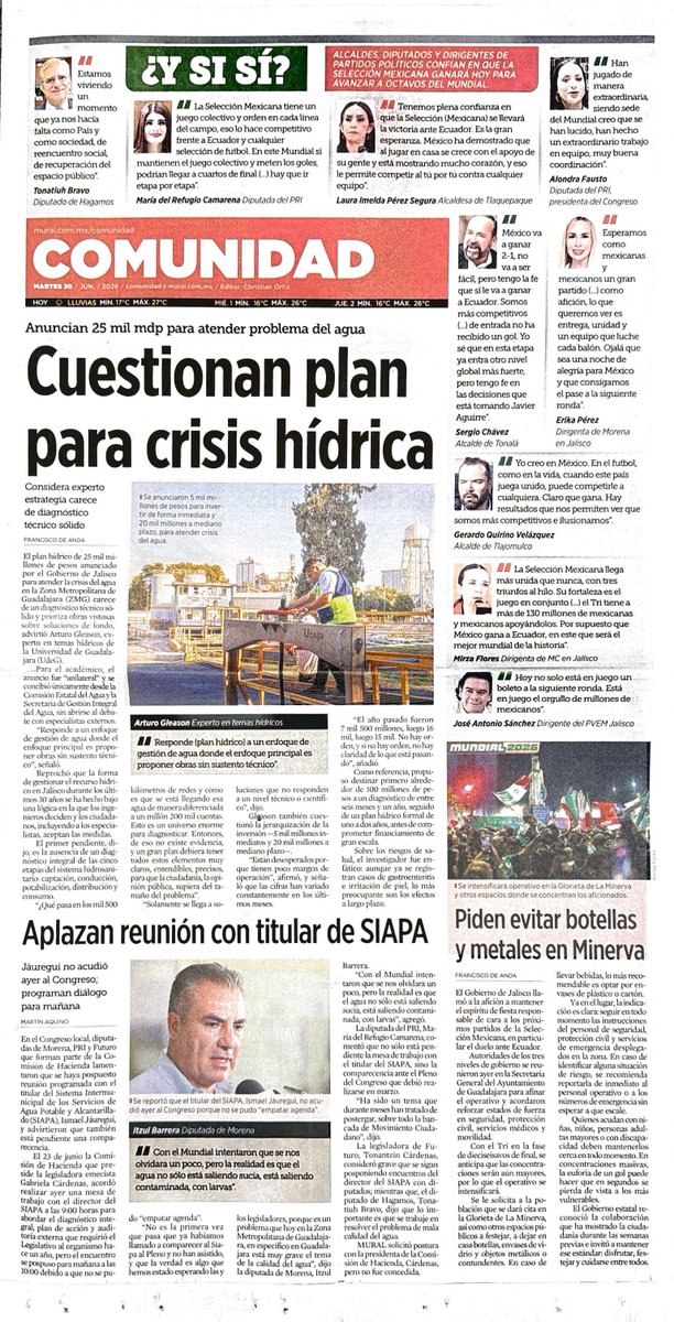 ALPONCHINO's tweet photo. Muy buenos días. #ComunidadPonchoMarròn

Plantean un CMRO, que combina inversión pública y privada
Quieren meter a IP en rescate a SIAPA.

Requieren 25 mmdp para el acueducto sustituto, reconvertir
3 potabilizadoras...

El Gobierno de Jalisco reconoció ayer que la calidad y abastecimiento del agua en la Zona Metropolitana de Guadalajara (ZMG) es "un problema real y complejo" y anunció un plan con más de 30 acciones y una inversión que supera los 25 mil millones de pesos entre recursos inmediatos y proyectos de largo plazo.
Alberto Esquer Gutiérrez, Jefe de Gabinete, responsable de presentar la es-trategia, admitió que la problemática es histórica y se ha agravado por años de talta de inversión en infraestructura hídrica. Sostuvo que la estrategia de la actual Administración estatal, la cual cuenta con un fondo inmediato superior a los 5 mil millones de pesos, no busca administrar inercias ni postergar soluciones.