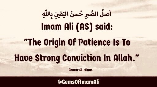 GemsOfImamAli's tweet photo. #ImamAli (AS) said:
"The Origin Of Patience
Is To Have Strong
Conviction In Allah."
#YaAli #HazratAli #MaulaAli
#ImamHussain #ImamSajjad
#SayyidaZainab #AhlulBayt
#LessonsFromKarbala
#TragedyOfKarbala https://t.co/5rCWPRMYQU