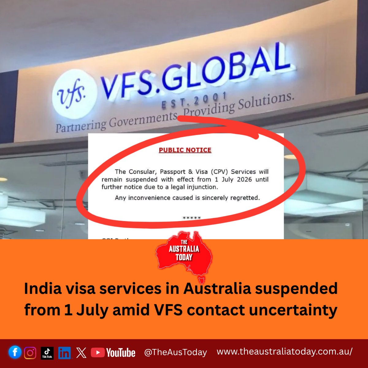 TheAusToday's tweet photo. 🚨 DEVELOPING: India visa services through @VFSGlobal in Australia are understood to be suspended from 1 July until further notice.

Read more here 👇
https://t.co/IvGW3SAr17

The move could impact visa applicants, families, students, business travellers and Australians planning to travel to India during the July holiday period.

Applicants are advised to check official updates from Indian missions and VFS before attending appointments or making travel plans.

We will keep you updated as this story develops.

#IndiaVisa #VFSGlobal #AustraliaIndia #IndianDiaspora #IndiaTravel #VisaUpdate #BreakingNews #TheAustraliaToday @HCICanberra @CGIPerth @cgisydney @cgimelbourne @DrAmitSarwal @Pallavi_Aus @JitarthJai @MEAIndia