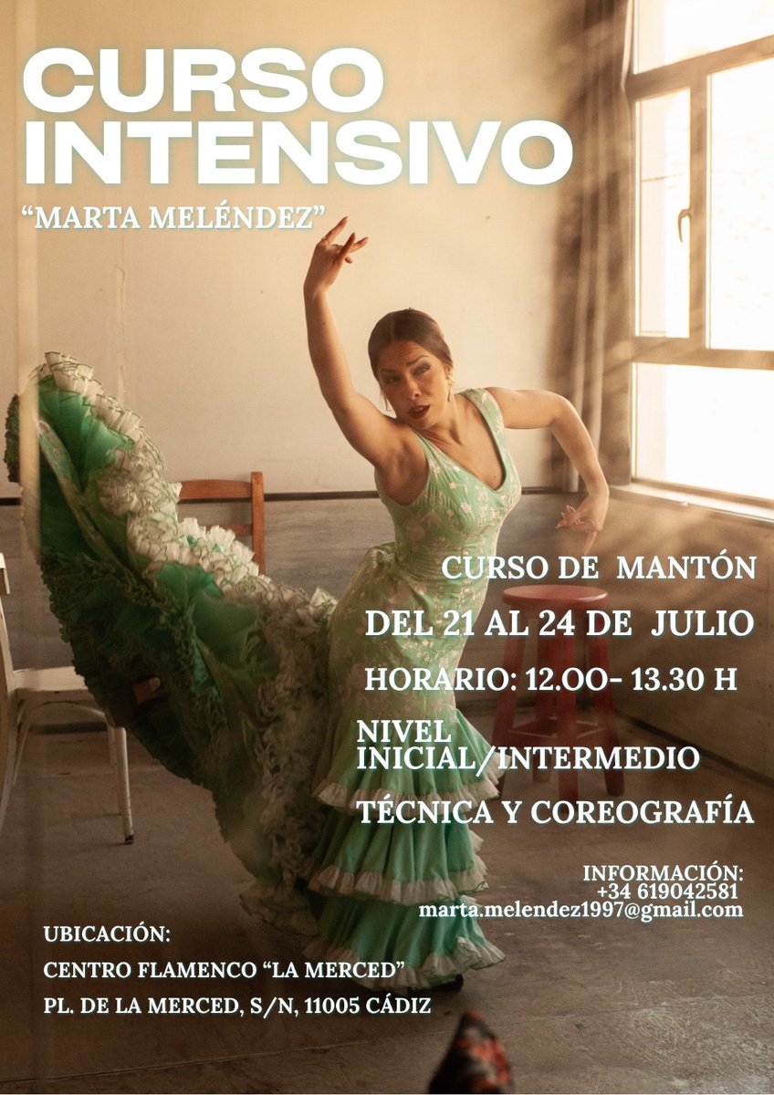 FlamencoCadiz's tweet photo. Seguimos con más cursos de verano en el Centro Flamenco La Merced de #cadiz.
Curso intensivo de #baile #flamenco #manton : 21 al 24 de JULIO.
Información e inscripciones en Marta Meléndez :
marta.melendez1997@gmail.com
@Cadiz_es https://t.co/5idUEjlR8M