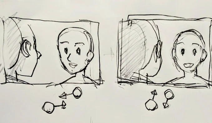 絵のNGも、人によって違うことを言われるのは致し方ないです。
対峙して話してる絵でも、左のように描いたら「真正面と向かい合ってない。ズレてる」と、右のようにしろと言われます。別の人には真逆なことを言われます。「向かい合ってない」
大抵は漫画っぽい絵柄だと左側が好まれる気はします。 