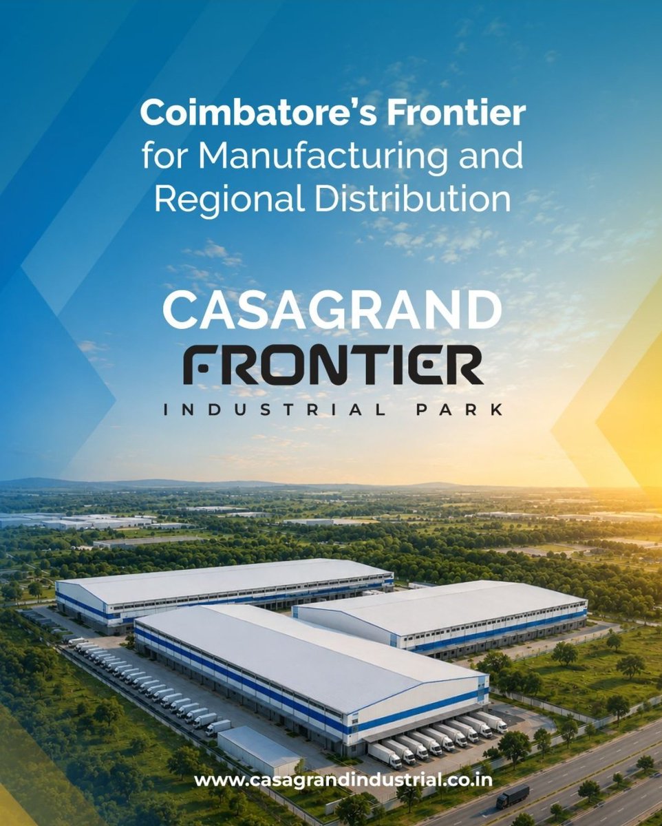 TnInvestment's tweet photo. 💢💢Casagrand Industrial Park Coimbatore💢💢

Realty major #Casagrand is launching an Integrated Industrial and Warehousing park called '#Casagrand Frontier' located on the Palladam-Cochin Road in #Coimbatore

- Industrial park to be setup up in 23-acre integrated development with 4.73 lakh sq. ft. of development potential

#InvestInTN | #TamilNadu | #OneTrillionTN