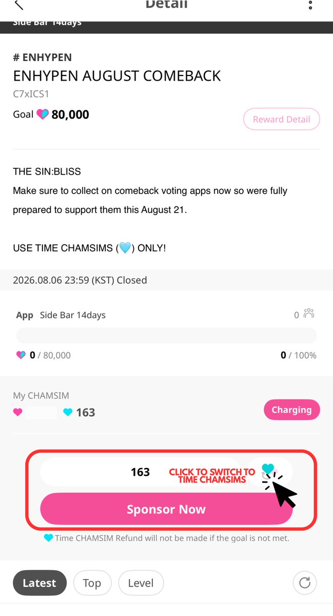 EN_CODEGLOBAL's tweet photo. [IDOLCHAMP] — TIME CHAMSIMS EXPIRY NOTICE

ENGENEs! One last time 😅
Our 3rd and final comeback promotional in-app banner is now open for funding!

Don’t forget to drop your remaining Time Chamsims (🩵) before they expire tonight, and keep collecting Ruby Chamsims as we prepare to give ENHYPEN the best support for their August comeback.

⏰: 11:59 PM KST
🔗: https://t.co/aJDB4uj5ym 

‼️REMINDER:
Only drop TIME CHAMSIMS!

 @ENHYPEN_members @ENHYPEN #ENHYPEN #엔하이픈  #エンハイプン