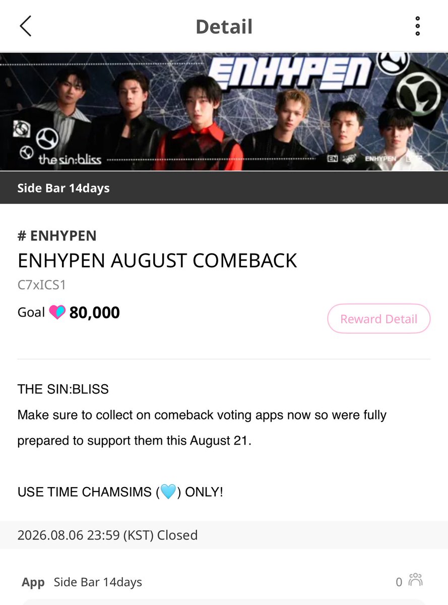 EN_CODEGLOBAL's tweet photo. [IDOLCHAMP] — TIME CHAMSIMS EXPIRY NOTICE

ENGENEs! One last time 😅
Our 3rd and final comeback promotional in-app banner is now open for funding!

Don’t forget to drop your remaining Time Chamsims (🩵) before they expire tonight, and keep collecting Ruby Chamsims as we prepare to give ENHYPEN the best support for their August comeback.

⏰: 11:59 PM KST
🔗: https://t.co/aJDB4uj5ym 

‼️REMINDER:
Only drop TIME CHAMSIMS!

 @ENHYPEN_members @ENHYPEN #ENHYPEN #엔하이픈  #エンハイプン