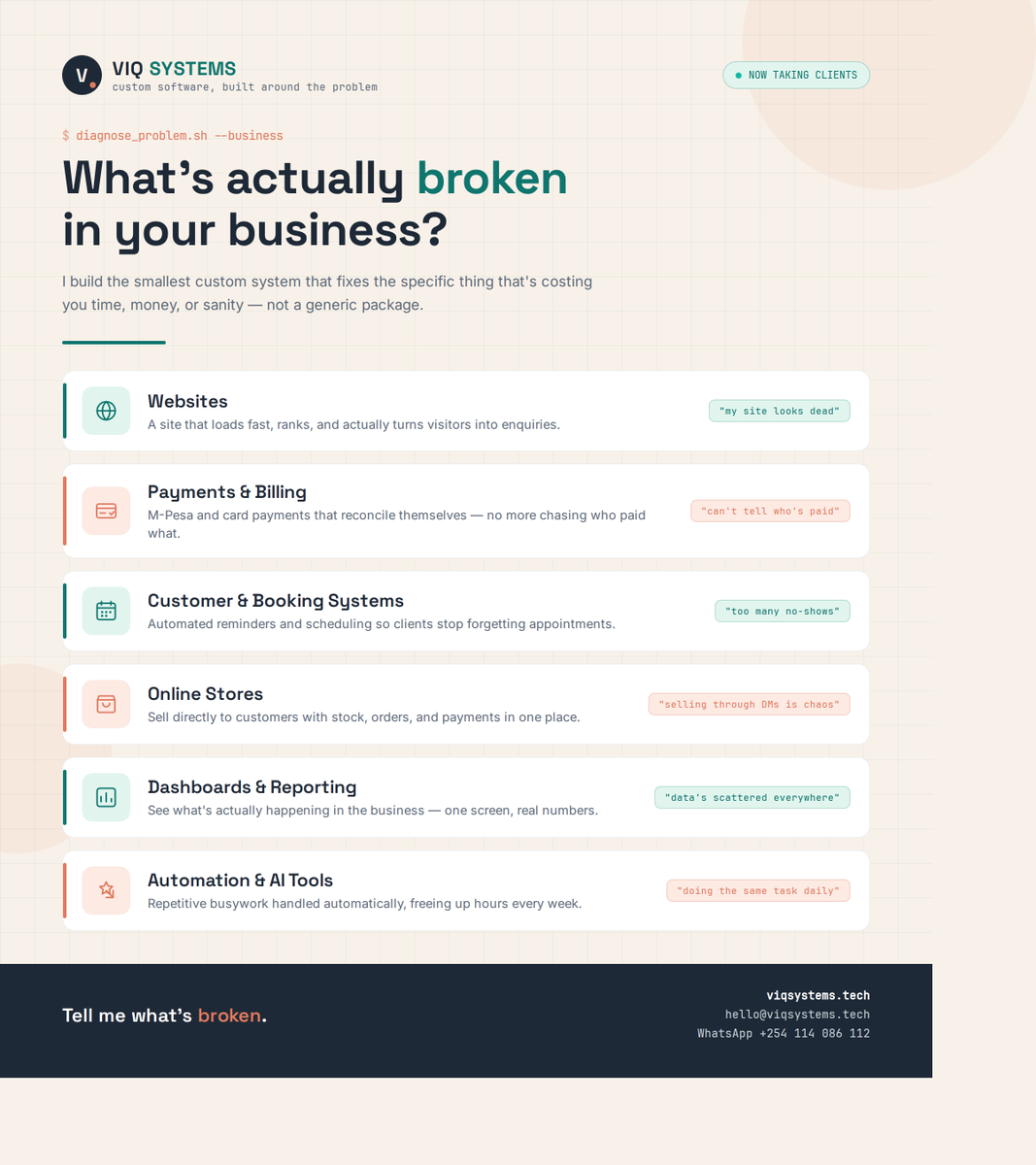 VictorLMurimi's tweet photo. What's actually broken in your business?
Not "we need a website." The real thing — no-shows, payments you can't reconcile, data scattered across three apps.
I build the smallest custom system that fixes that specific thing.
https://t.co/zuwnDIqF2v https://t.co/oBssXE29IT