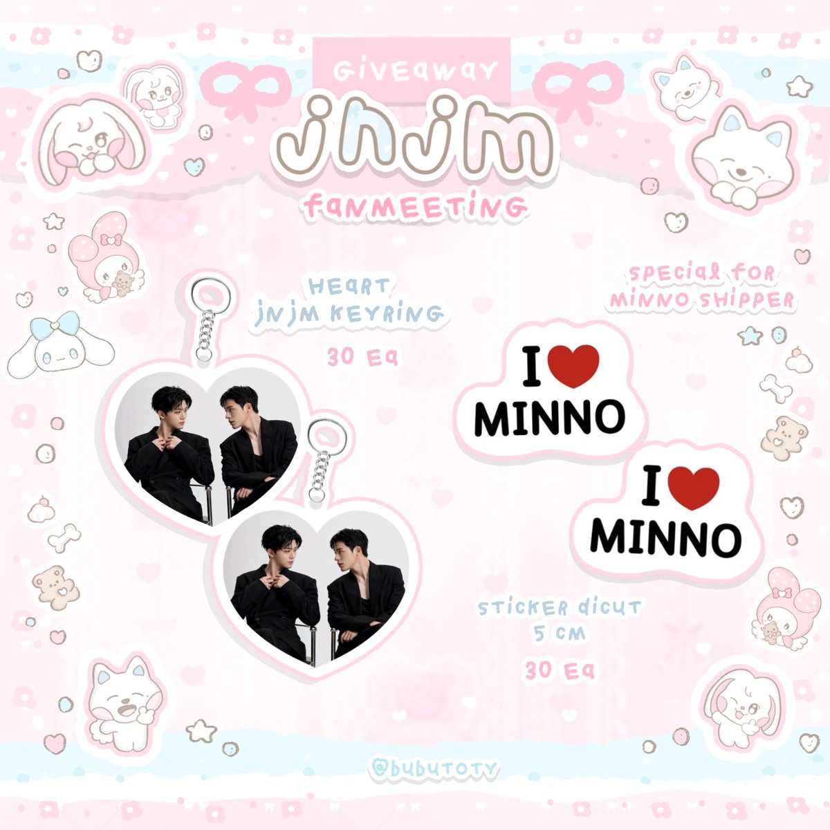 bubutoty's tweet photo. (づ˶•༝•˶)づ pls kindly rt 

🐰 giveaway jnjm fanmeeting 🐶

♡ heart jnjm keyring 30 ea ♡

☆ special for minno shipper ☆
 sticker dicut 5cm 30 ea 🩷🩵

date : 9/8
time : tba
🏛️ impact arena

★ rt &amp; show this tweet

#NCTJNJM_FANMEETING_TOUR
#NCTJNJM_FANMEETING_TOUR_DUALITY https://t.co/XIcxw15BDD