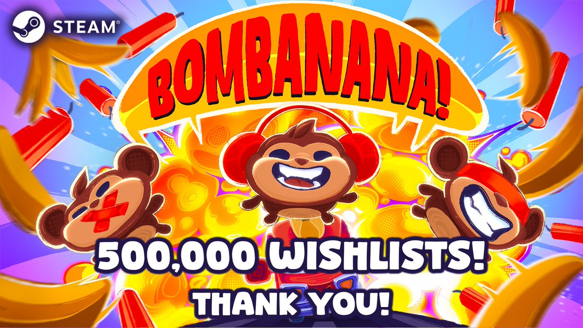 leftostudio's tweet photo. BOMBANANA!💣🍌 has officially reached 500,000 Steam wishlists!!! 👀

Over the past months, we've been amazed by the incredible support from the community:

🐵 2.5M+ demo players
📈 Viral videos reaching millions of views
🎮 Thousands of players online every day
❤️ An incredible community helping us improve the game every single day

We're working hard to make the full release as fun and polished as possible, and we can't wait to share what's next.

See you in August! 🙈🙉🙊
https://t.co/q8fZQt8xvQ
#gamedev #indiedev #Steam #gaming
