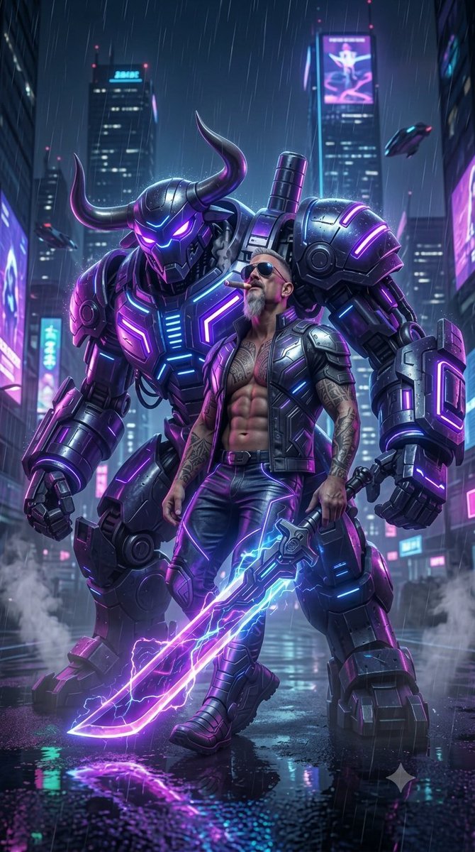 spawns_ai's tweet photo. ✨ #DailyDust #PromptShare ✨
" Carnita & El Toro "
Rain-soaked neon megacity night. Fierce Carnita leans against her massive bull mech EL TORO.
Cinematic cyberpunk atmosphere, heavy rain, vibrant neons.
Original PROMPT by @Dustfinger2077,
Make something unique and share your
version! 🗡️👾💦
[Much appreciate - Badass Prompt! DUST